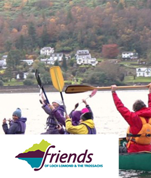 Kayakers in Loch Lomond with Friends of Loch Lomond logo